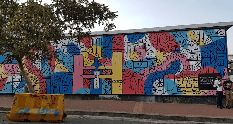 Maboneng, Südafrika, Stadtteil, Johannesburg, Straße, Bäume, Kunst, Popart, Graffiti